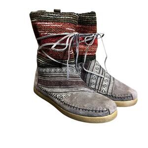 Toms Nepal Boots Women 7 Woven Gray Suede Leather Faux Fur Lined Boho Hippie